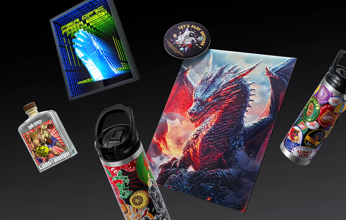 Collection of coulorful UV-printed items including a dragon artwork, bottles, tumblers, and framed prints.