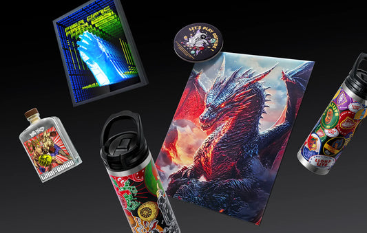Collection of coulorful UV-printed items including a dragon artwork, bottles, tumblers, and framed prints.